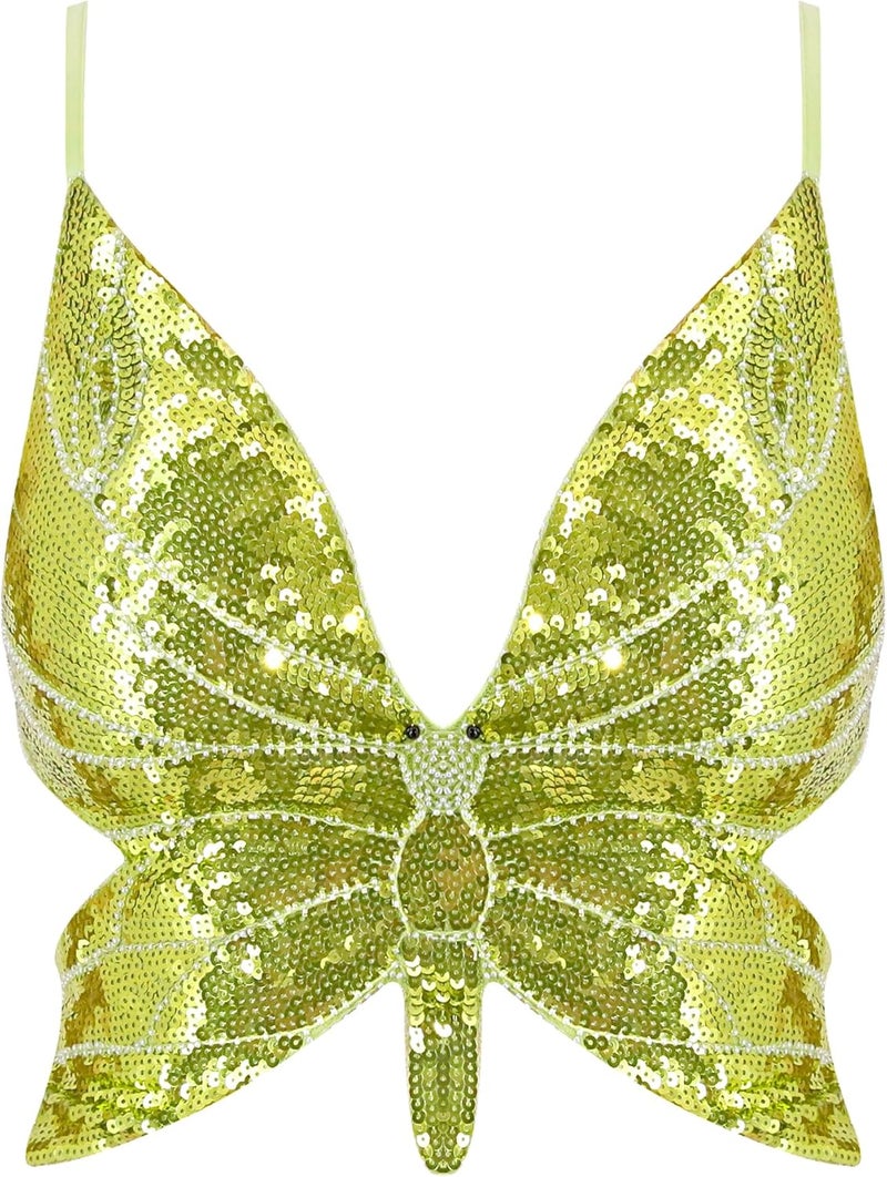 Mocure Womens Glitter Sequin Butterfly Crop Top Low-Cut Tank Top Rave Tube Vest Top for Belly Dance Costume Outfits - Image 1